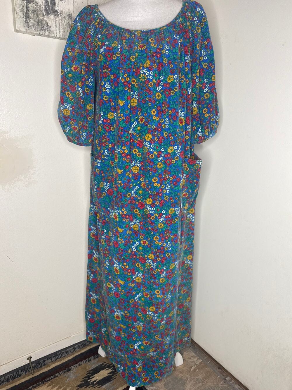 VTG 70s Handmade Floral Hostess Dress Blue Calico Cotton Corduroy Muumuu Maxi XL